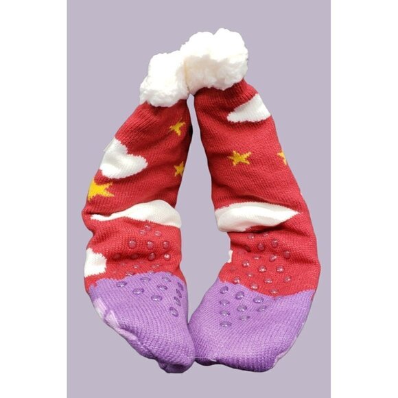 NWT Owl Slipper Socks Sherpa Lined No Slip Grips Cushioned One Size Purple & Red - Picture 2 of 5